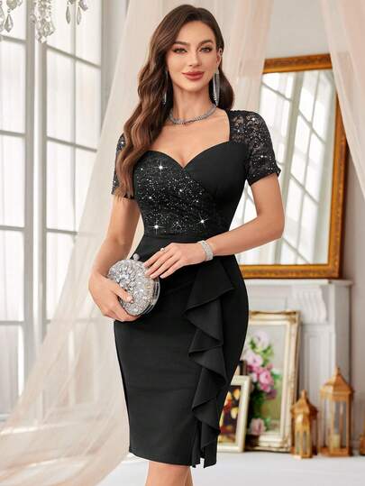 MIUSOL Contrast Color Sequin Floral Lace Sweetheart Neck Ruffle Trim Cocktail Party Bodycon Dress Black Summer Elegant