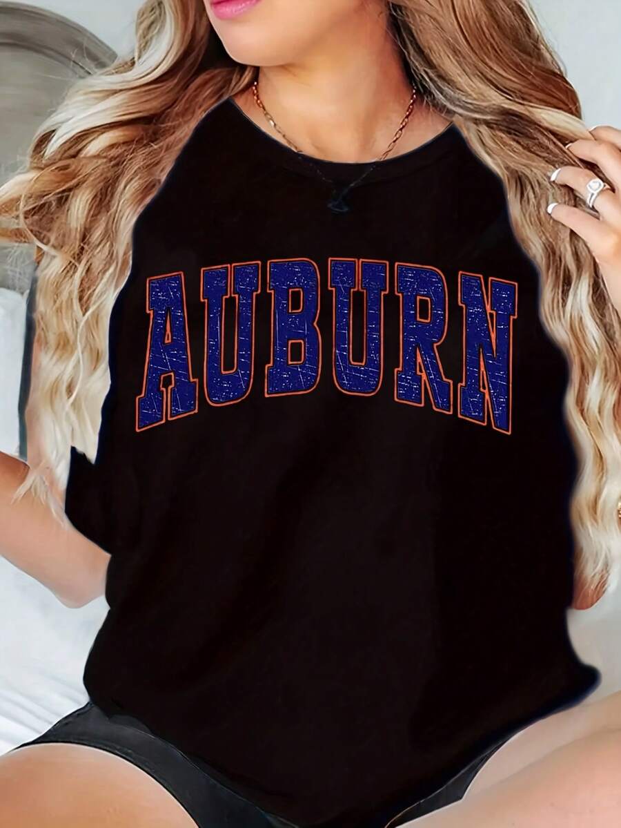 Vintage Style Blue Auburn Letterman T-Shirt With Distressed Print For Sports Fans,220g - màu đen - Xem 1