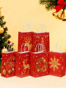 32 个红色节日圣诞礼品袋 - 带手柄的牛皮纸袋，金色雪花和驯鹿图案，适用于节日礼物、派对礼品和礼品包装、圣诞礼品包装袋 - 彩色 - 查看 5