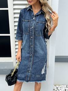 Giacca di jeans da donna - Giacca di jeans con bordi grezzi e strappati, con tasche sul petto, stile casual con bottoni anteriori, capo versatile per stratificazioni