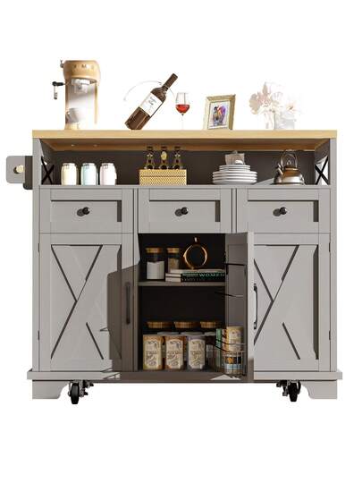 Sairedel Mobile Kitchen Isl Wheels Wood Grain 118x43 80x98 Cm, Grijs Multifunctional Storage Space, Removable Dividers Towel Rack Practical Dining Cart Cabinet view 8