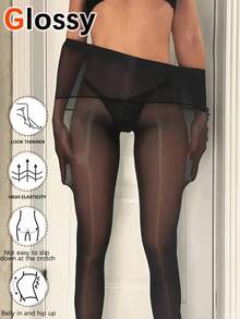 1双女士高腰无缝真丝丝袜，性感亮面连裤袜，薄款肤色修身紧身裤，舒适 - 黑色 - 查看 14