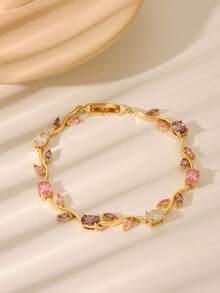 1pc High Quality Shiny Zirconia Tennis Bracelet With Unique Leaf Design, Electroplated Non-Fading, Fashionable Accessory For Women, Suitable For Daily Wear, Festivals, Bridal, Mother's Day, Christmas Gift