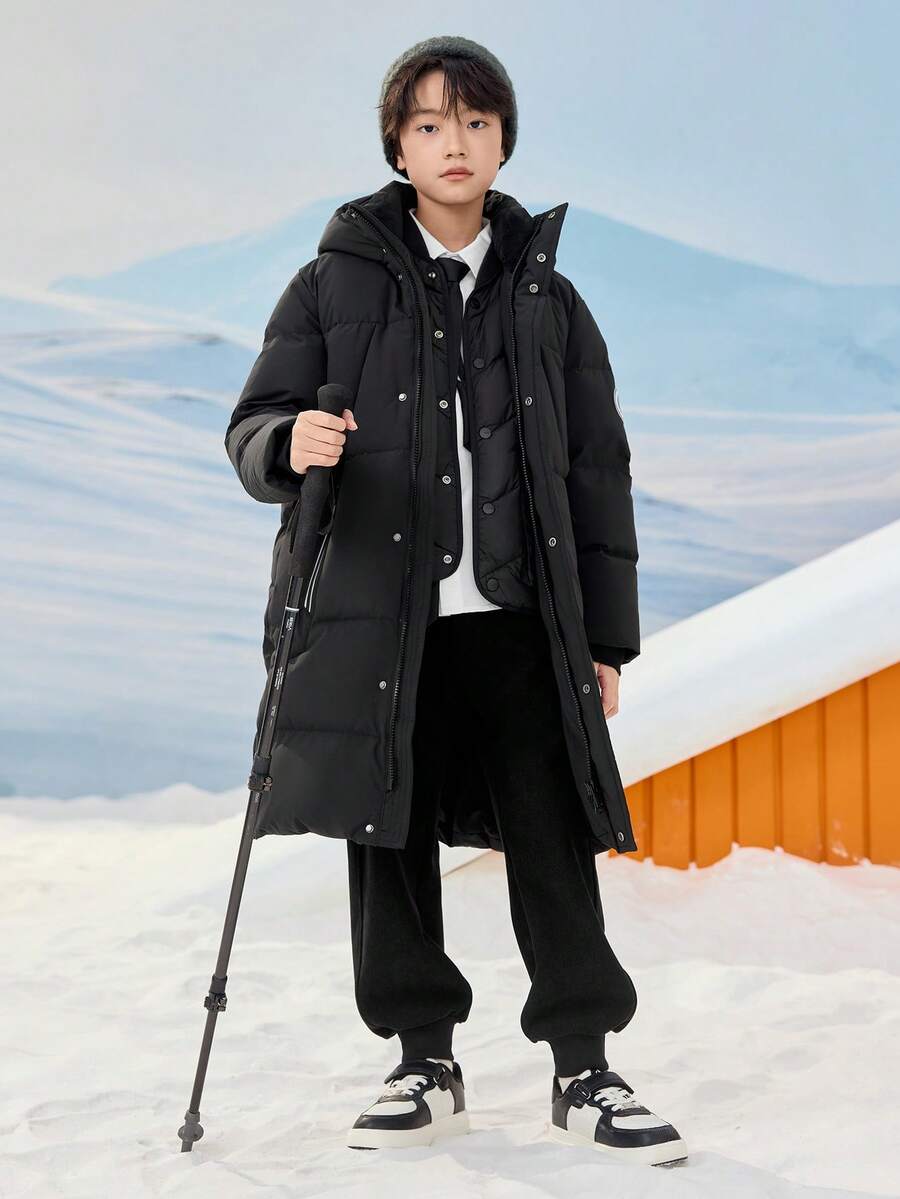 Balabala Kids Long Down Coat, Thick Winter Jacket, Hooded Warm Outerwear For Boys & Girls - Black - View 1