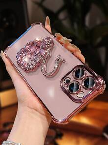 奢华电镀透明粉色手机壳，带创意天鹅支架，水钻闪光 Y2k 风格，防摔，防掉落，夏季新款时尚硅胶防震保护软壳，兼容 16 16e 15 14 13 12 11 X XS XR 8 7 Plus Pro Max Mini、Samgsung Galaxy S24 S25 Ultra、兼容小米 Redmi、兼容华为 Honor OPPO Reno MOTO Infinix Women 2025