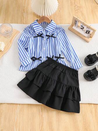 4-7岁女童休闲条纹长袖蝴蝶结领收腰衬衫上衣+学院风蛋糕裙2件套
