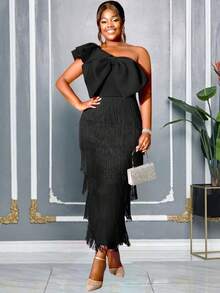 AOMEI Women's Plus Size Black One Shoulder Midi Dress With Oversized Bow & Tiered Fringe Skirt Glam Formal Outfit For Valentine's Day, Galas, Dates, Parties, Weddings, Bridesmaid Duties & Graduation Spring Evening Dress Collection - Black - View 5