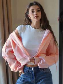 Livesso 女式短款宽松休闲羊毛连帽衫拉链运动衫夹克 - 粉色 - 查看 1