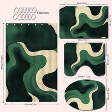 1/4pcs Green Wavy Theme Bathroom Set, Shower Curtain, Bath Mat, U-Shaped Toilet Lid Cover, Waterproof, Fashionable Curtain For Bathroom Decoration, Modern Style, Machine Washable Back To School