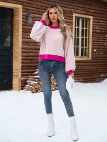 Damen Herbst/Winter hochwertiger Pullover mit Kontrastfarben, Rundhalsausschnitt, Langarm, Strick-Top