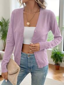Women's Lightweight V-Neck Cardigan Sweater Solid Color Long Sleeve Slim Fit Jacket - 紫色 - 查看 5