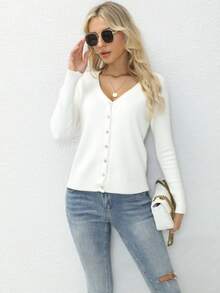 Women's Lightweight V-Neck Cardigan Sweater Solid Color Long Sleeve Slim Fit Jacket - 白色 - 查看 2