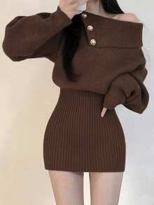 韩版简约露肩修身毛衣裙