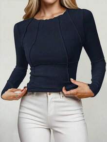 Visible Stitching Slim Fit Knit Top, Minimalist Style Long Sleeve Women's Top, With Elastic Waist Design - Navy Blue - View 7