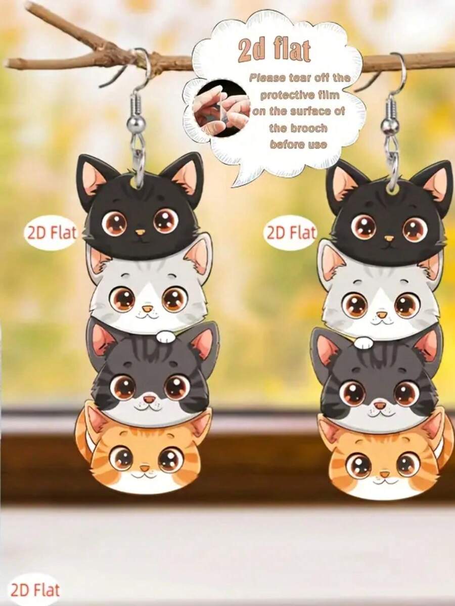 2D, 1 pereche de cercei cu pandantiv drăguți cu patru pisici stratificate, material acrilic model plat 2D, cercei cu pandantiv feminin, cercei rafinați cu animale pisică, cadouri de Ziua Îndrăgostiților pentru Ziua Mamei, Ziua Recunoștinței, Halloween și Crăciun, potrivite pentru purtare zilnică și petrecere
