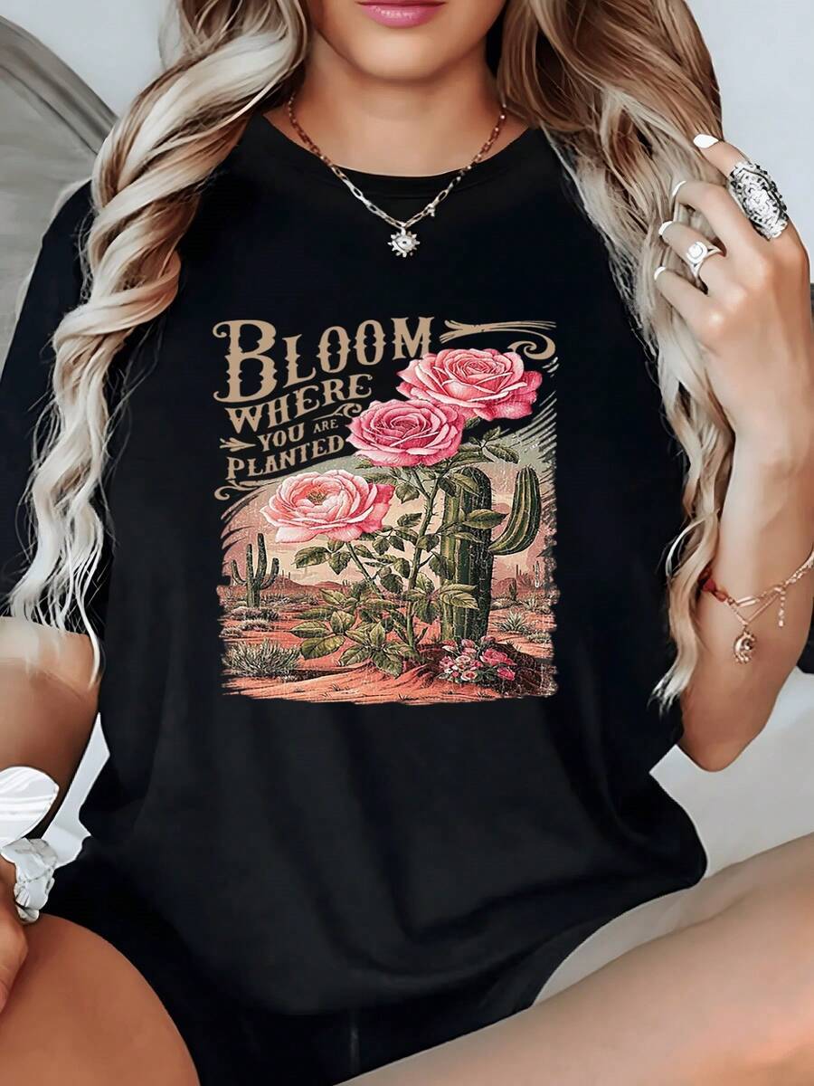 Moda Casual Negra Manga Corta 1 unidad de Camisa de T 100% algodón para Mujer Diseño Floral Rosas Cactus del Desierto con Frase Inspiradora Camisa de T con Estampado Digital 220 Gramos Estilo Bohemio Vintage - Negro - Ver 1