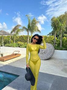 女式性感紧身网眼透视露肩长袖连衣裙，夏季 - 黃色 - 查看 7