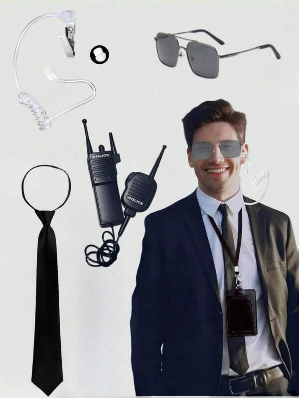 1/2/4 Peças Conjunto de Fantasia de Guarda de Segurança - Inclui Fone de Ouvido, Óculos de Sol, Gravata, Adequado para Interpretação de Personagem Misterioso, Guarda-Costas, Agente Secreto, Festa de Fantasia ao Ar Livre, Acessórios de Uniforme