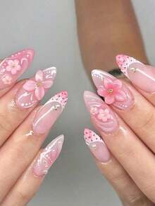 24Pcs/Set Almond-Shaped French Elegant 3D Ocean Style Starfish Waterdrop Flower Decor Full Coverage Press-On Nails With 1Pc Jelly Gel And 1Pc Nail File, Perfect For Romantic Daily Date Looks Nail Supplies Nails - 多色 15 - 查看 2