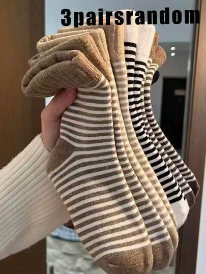 3/5双随机女士条纹冬袜，梅拉达配色，保暖加厚，适合室内、产后穿着，舒适保暖。