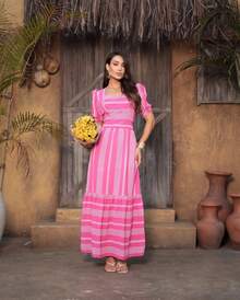 Elegante Vestido Casual Longo Feminino Estampado Com Mangas Elegantes, Elástico na costa Bojo, Forro Confortável - Pink - Visão 2