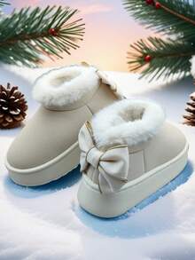 Women's EVA Thick Bottom Bow Tie Design Warm Slip-Resistant Flat Casual Shoes, Suitable For Autumn/Winter - White - View 11