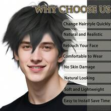 黑色短款蓬松直发动漫角色扮演假发，带刘海，男女通用，适合派对、日常、圣诞节、假日、动漫展、展览、舞台摄影道具等场合。这款假发采用无胶耐热合成纤维制成，带有刘海，高密度，外观自然，男女皆宜，可作为通用角色扮演假发、卡通服装发饰、节日礼物、主题活动装饰等。 - 黑色 - 查看 9