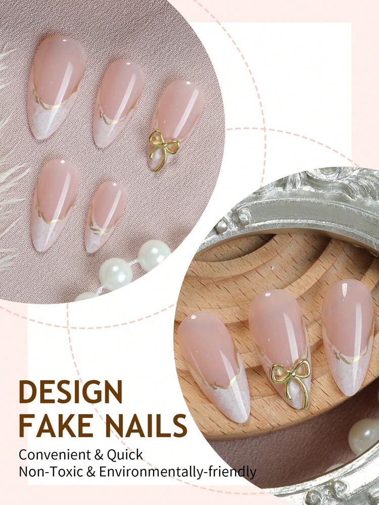 24pcs French Almond Shaped Ombre Nail Stickers, Y2K Style With 3D Gold Bow Decor, Shiny & Glossy, Removable Design, Full Coverage, Suitable For Women's Daily Wear Nails Nail Supplies - Multicolor - View 3