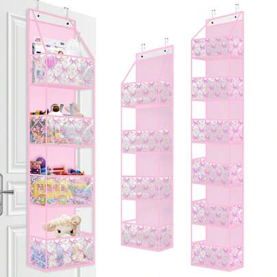 1pc 4/6 Tier Over The Door Organizer With 2 Hooks, Large Capacity Non-Woven Fabric Wall Hanging Storage Bag With Transparent PVC Pockets, Butterfly & Tulip Pattern, Suitable For Bedroom, Nursery, Closet, Laundry Room, Pantry, Bathroom (Pink)
