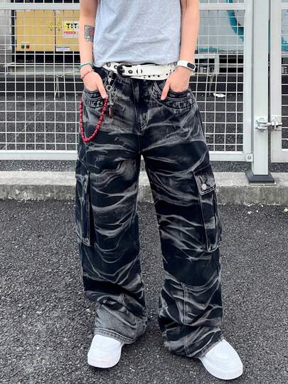 1pc American Casual Street Style Men's Hand-Painted Cargo Pants, Wide Leg Relaxed Fit Versatile Jeans, Patchwork Design, Suitable For All Seasons (Belt And Accessories Not Included)