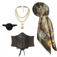 Halloween 3pcs Pirate-Themed Accessories For Women - Satin Square Head Scarf, Black Corset With Lace-Up Detail, Golden Necklace With Coin Pendant - Ideal For Cosplay, Renaissance Festival, And Pirate-Themed Parties, Renaissance Festival Attire | Pirate Costume | Satin Head Scarf, Pirate Accessories,For Summer Costume - Multicolor - View 6
