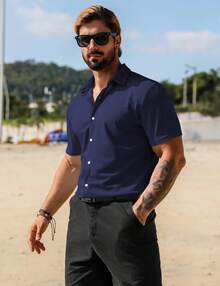 URRU Men's Muscle Dress Shirts Collared Stretch Short Sleeve Casual Button Down Shirts For Men - 深藍色 - 查看 3