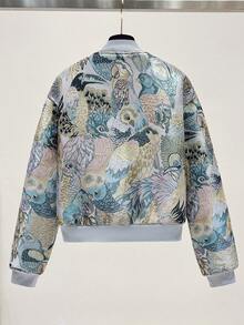Chaqueta bomber con bordado jacquard de flores y pájaros | Chaqueta casual de corte holgado con estampado retro todo sobre todo de animales con cremallera para vacaciones
