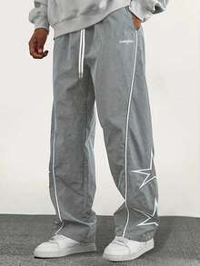 1 件男士直筒星星字母印花休闲宽松街头运动裤，秋季 - 灰色 - 查看 3