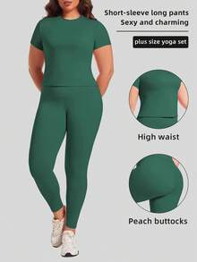 Plus Size Women's Sports Short-Sleeved Trousers Suit Comfortable Yoga Suit - Green - View 6