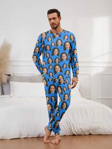 Printstory Customized Men's Pajama Set, Personalized With Any Pattern, Unique Custom Gift, Suitable For Family, Friends, Holiday Parties - Blue - View 4