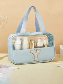 1 pieza Bolsa de aseo transparente con letra, nueva bolsa de maquillaje cuadrada de unicolor a la moda con letras bordadas, organizador de maquillaje de chenilla impermeable de PVC con parche de letra inicial minimalista, bolsa de aseo de viaje para mujeres para el baño, decoración del hogar, vacaciones, accesorios de baño, regreso a la escuela