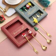 Ensemble cadeau de cuillère à dessert, fourchette à fruits, mélangeur à café en acier inoxydable avec renne en silicone mignon