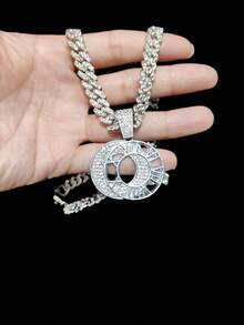 1pc Fashion Creative Roman Numeral Pendant With Alloy Rhinestone Cuban Chain, Unisex Hip-Hop Punk Necklace, Suitable For Daily Wear, Valentine's Day Gift, 2 Chain Options - Silver - View 4