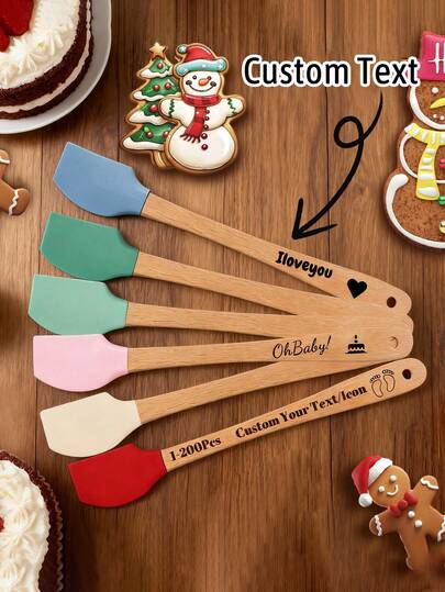 Customized Wooden Handle Carved Silicone Scraper, Customized Carved Mini Spatula, Personalized Kitchen Tools, Suitable For Loose Items, Wedding Banquets, Bridal Gift Giving Events, Guest Souvenirs, Birthday Party Commemorative Gifts, Christmas Gifts