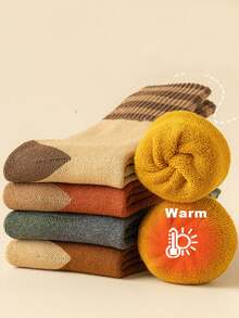 5 Pairs Women's Winter Thickened Mid-Calf Socks, Towel Bottom Striped Long Socks, Marl Color