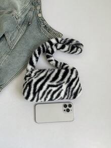 CHICVUE New Autumn/Winter Mini Fashionable Black & White Contrast Zebra Pattern Fluffy Shoulder Bag, Casual Tote Underarm Soft Fluffy Solid Color Handbag, New Arrival Fur Bag For Women Gifts - Black and White - View 9