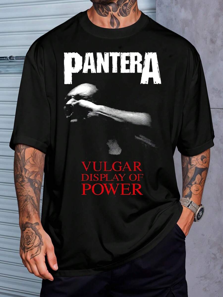 Rock T-Shirt Pantera Vulgar Display Of Power Music Shirt Blouse Unisex Male Female 100% Cotton Top Premium Streetwear New Release Fast Shipping Various Colors!! Plus Size - 黑色 - 查看 1