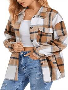 Women's Plaid Drop Shoulder Long Sleeve Utility Pocket Shirt, Autumn,Long Sleeve Tops