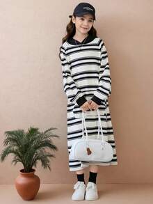 秋冬条纹连帽宽松连衣裙，前口袋，撞色肩袖中长连衣裙 - 彩色 - 查看 4