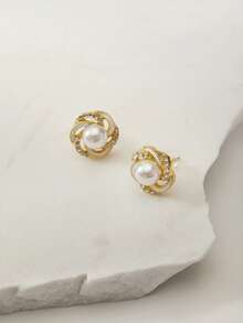 Clariva 1对时尚简约珍珠耳钉，甜美优雅，镶嵌水晶，圣诞礼物之选 - 白色A - 查看 1