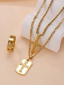 18K Gold Plated Exaggerated Hip-Hop Jewelry Set: 3pcs Stainless Steel Cross Pendant Necklace, Matching Bracelet And Ring - 3pcs - View 21