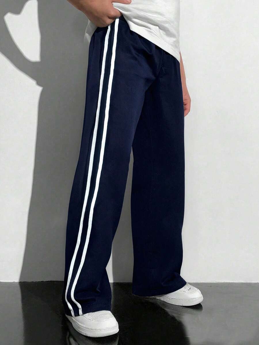 3 件套青少年男童休闲宽松户外运动瑜伽直筒条纹裤,适合春秋季 - 藍色 - 查看 1