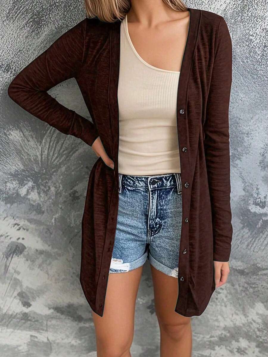 Women's Casual Cardigan, Open Front Lightweight Long Sleeve, Button Design, Loose Solid Color Jacket, Spring/Summer - Coffee Brown - View 1