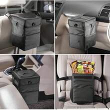 Leakproof Car Trash Can With Lid - Collapsible Automotive Garbage Bin For Trucks & SUVs, Road Trip Essentials Organizer With Storage Bag (Unisex Design) - 黑色 - 查看 2
